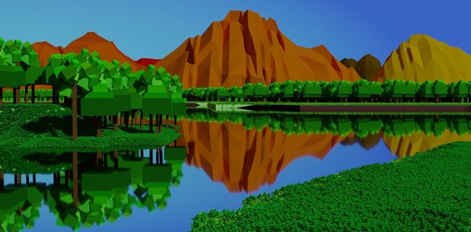 Lakeside lake with trees and mountains Free low-poly 3D model