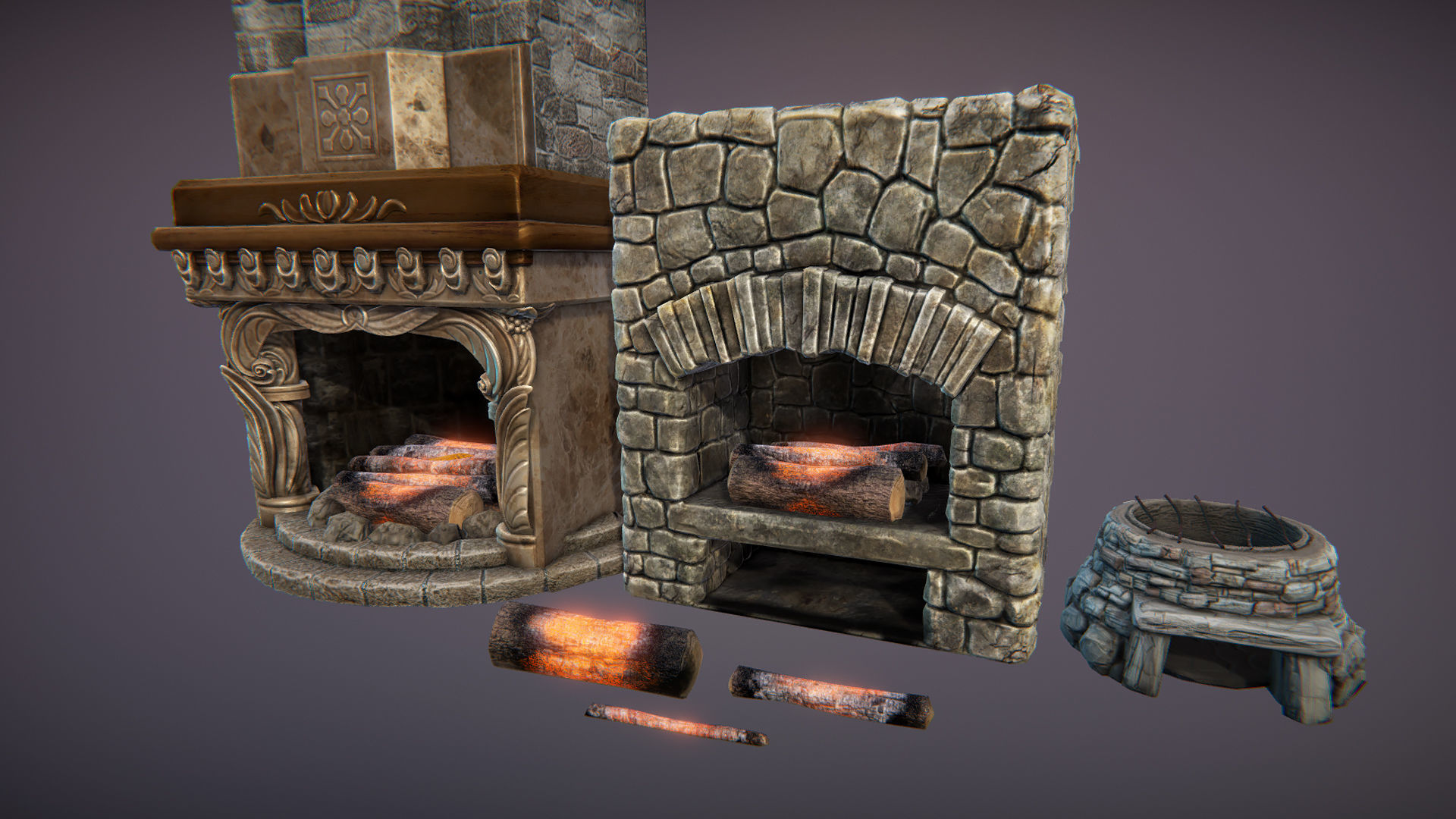 Fireplace and hearths Low-poly 3D model_2