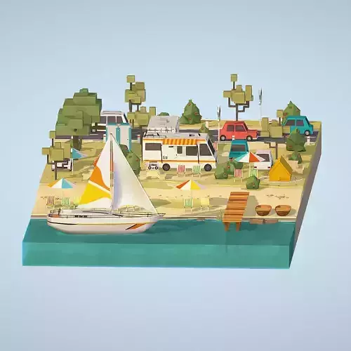 isometric camping big scene on the river Low-poly 3D model