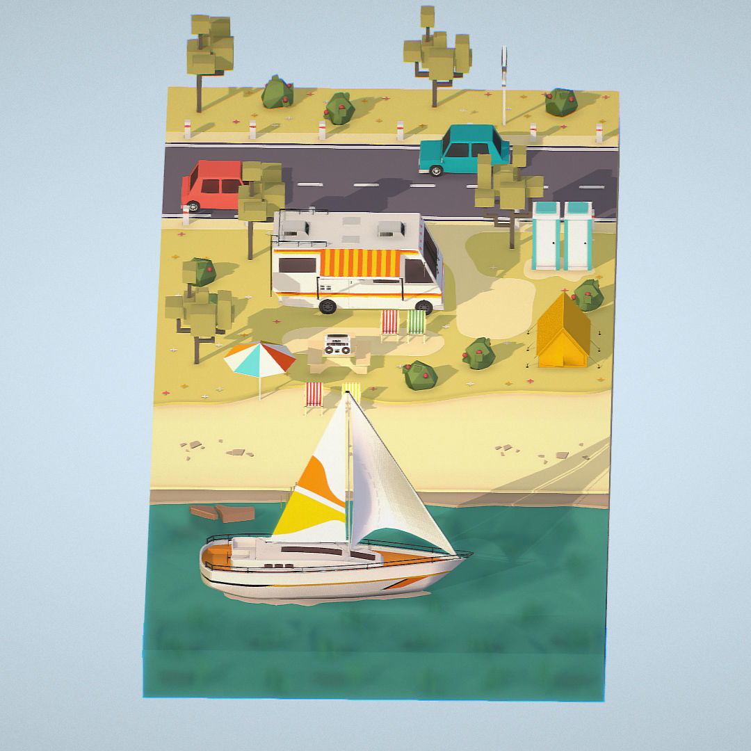 isometric camping scene on the river  Low-poly 3D model_2
