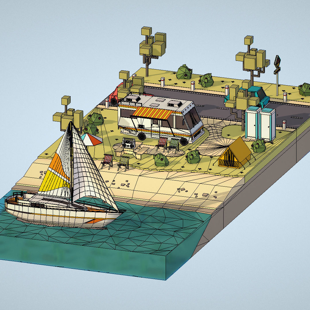 isometric camping scene on the river  Low-poly 3D model_32