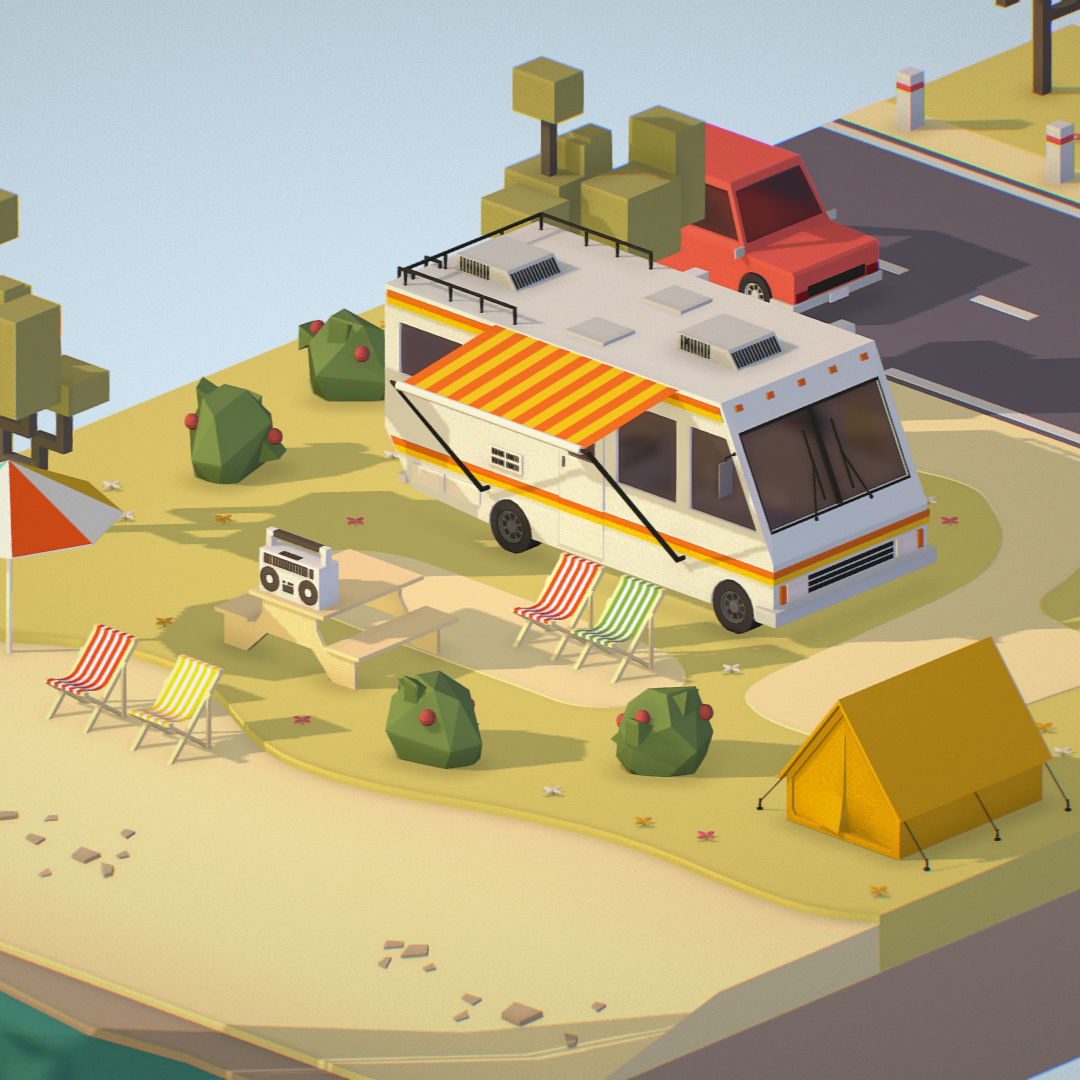isometric camping scene on the river  Low-poly 3D model_17