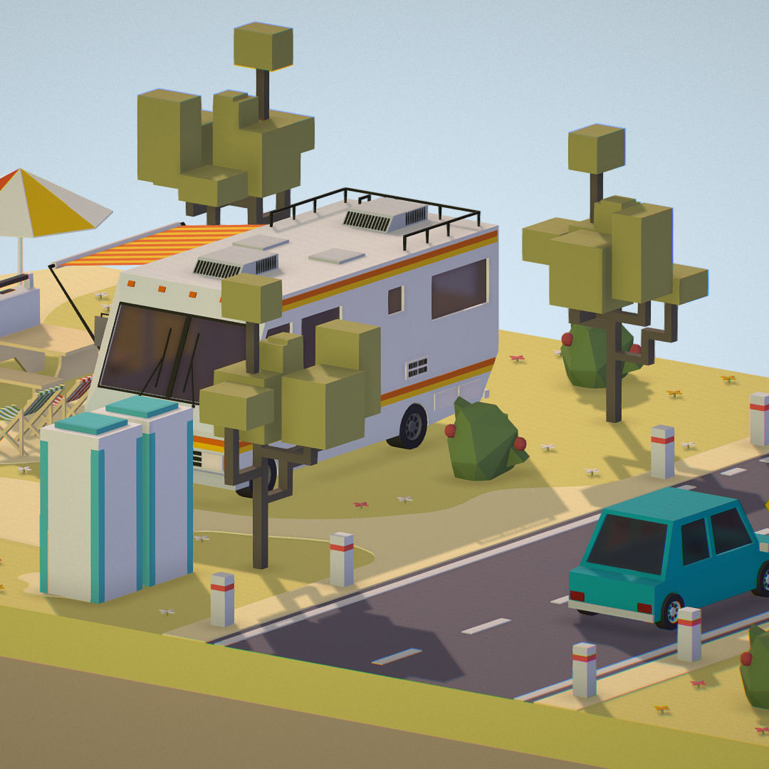 isometric camping scene on the river  Low-poly 3D model_26
