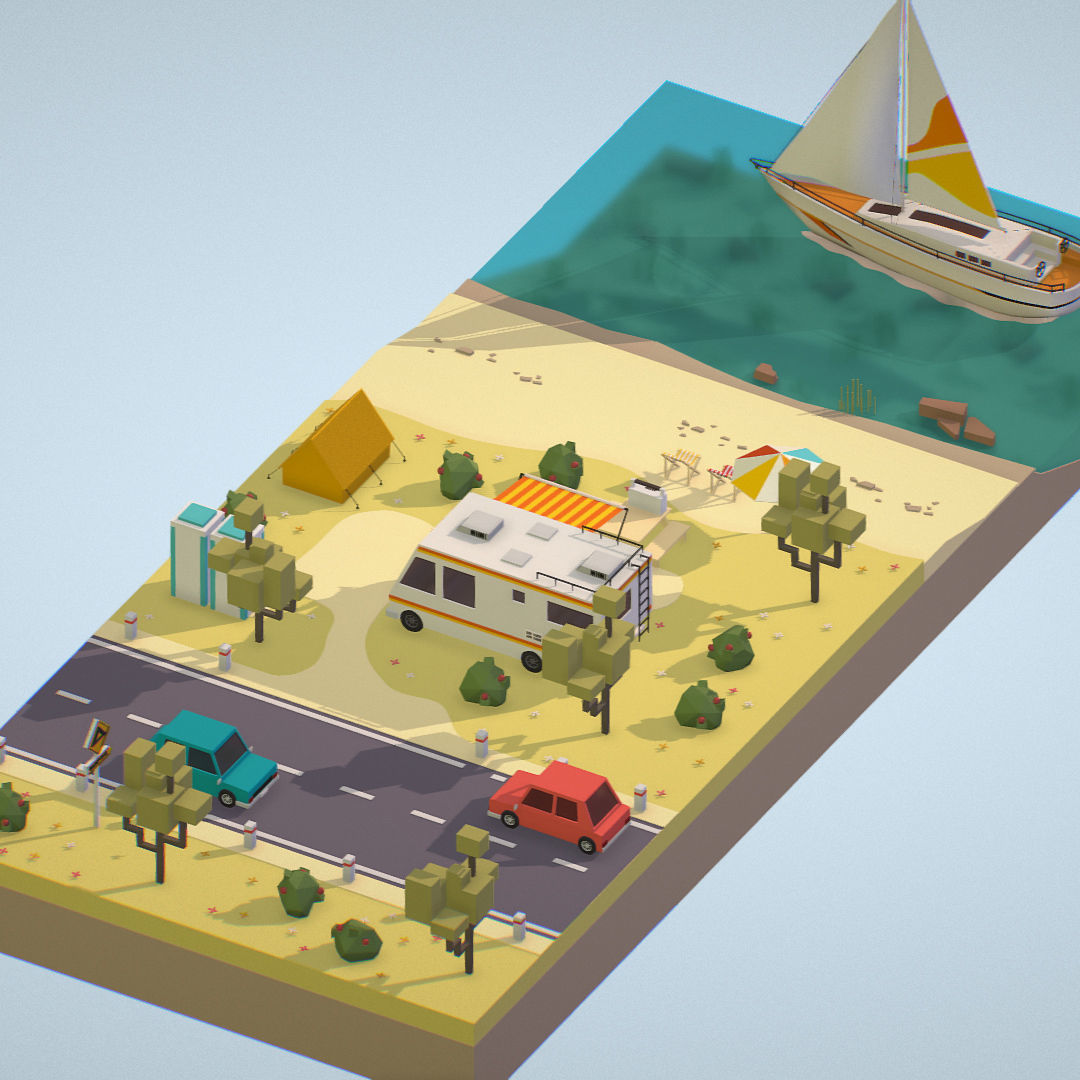 isometric camping scene on the river  Low-poly 3D model_7