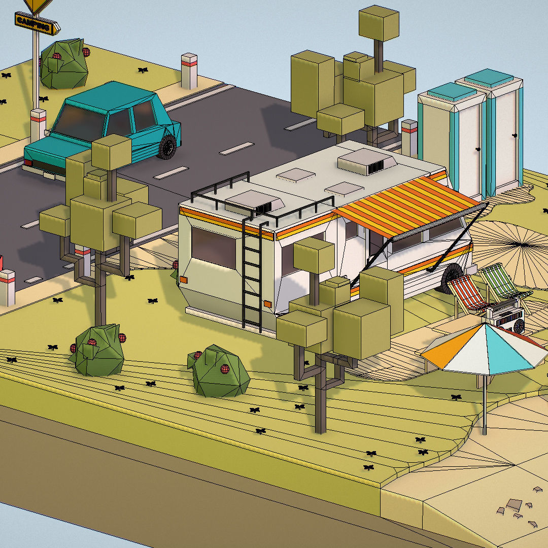 isometric camping scene on the river  Low-poly 3D model_36