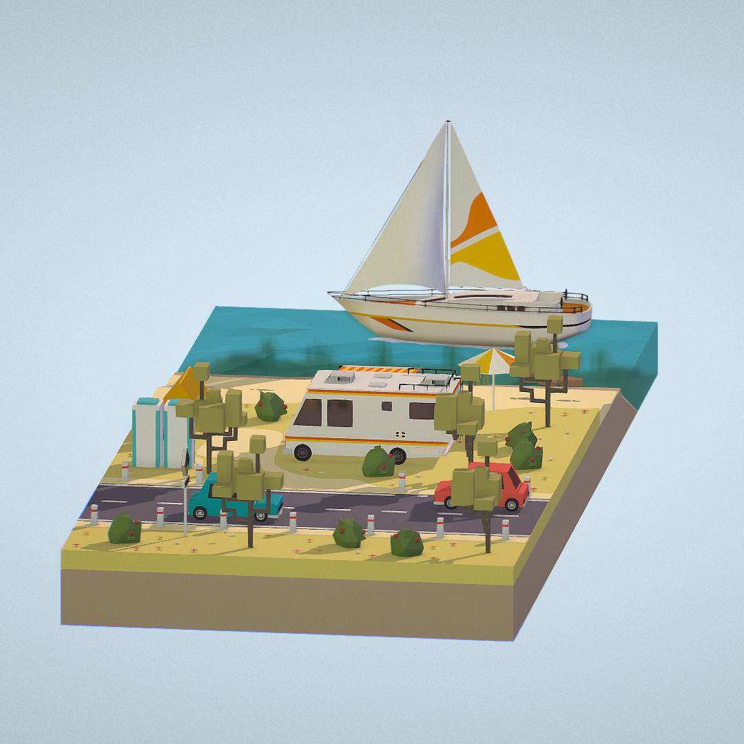 isometric camping scene on the river  Low-poly 3D model_8