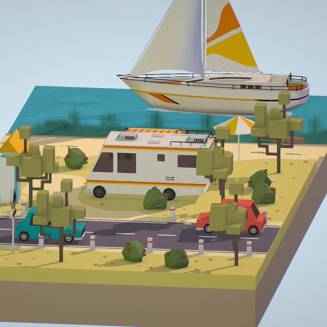 isometric camping scene on the river  Low-poly 3D model_11