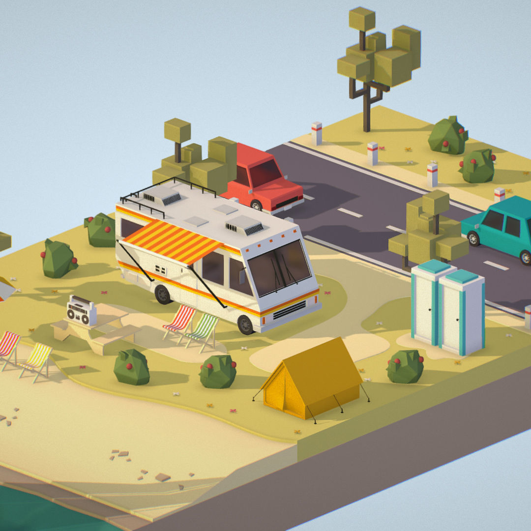 isometric camping scene on the river  Low-poly 3D model_9