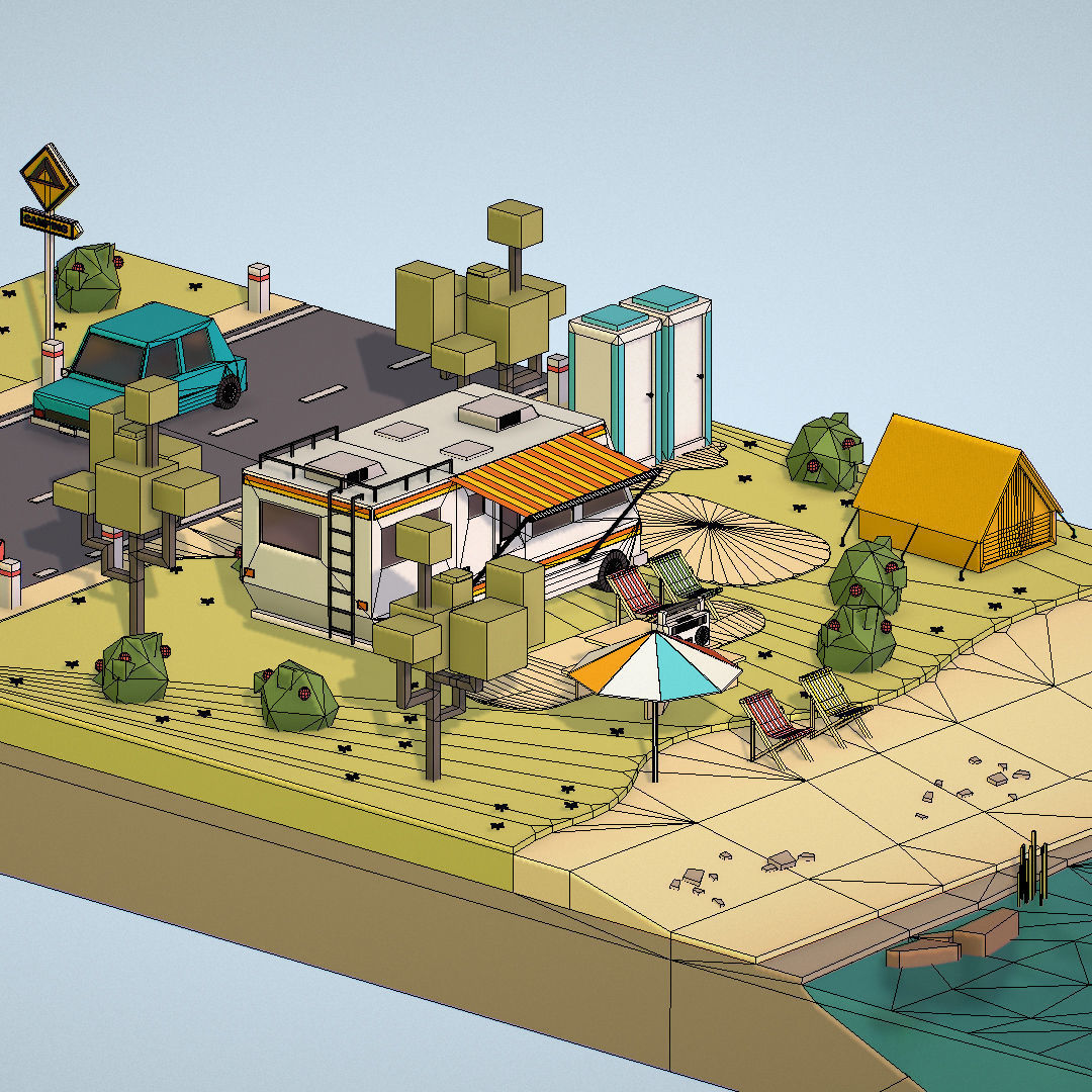 isometric camping scene on the river  Low-poly 3D model_33