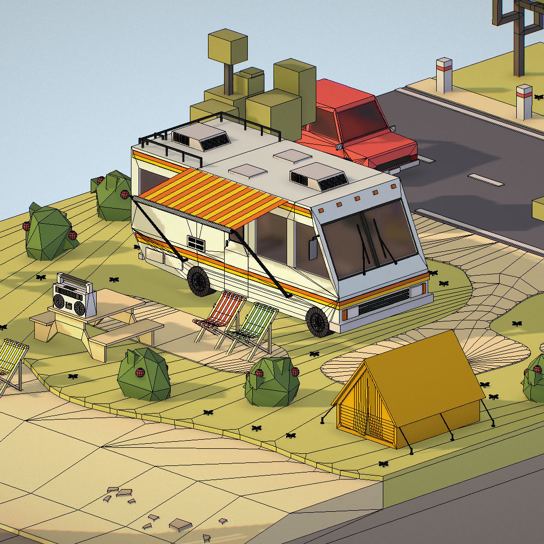 isometric camping scene on the river  Low-poly 3D model_41