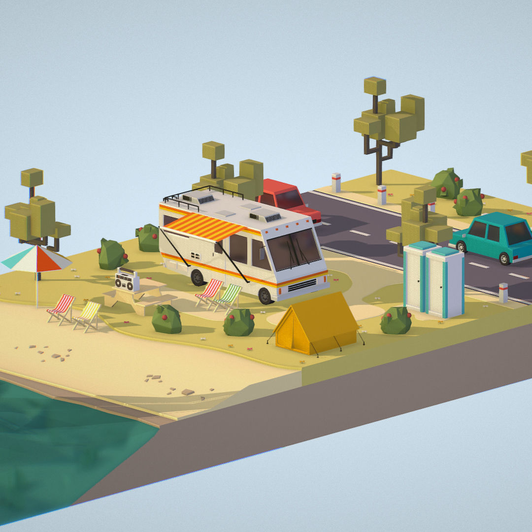 isometric camping scene on the river  Low-poly 3D model_28