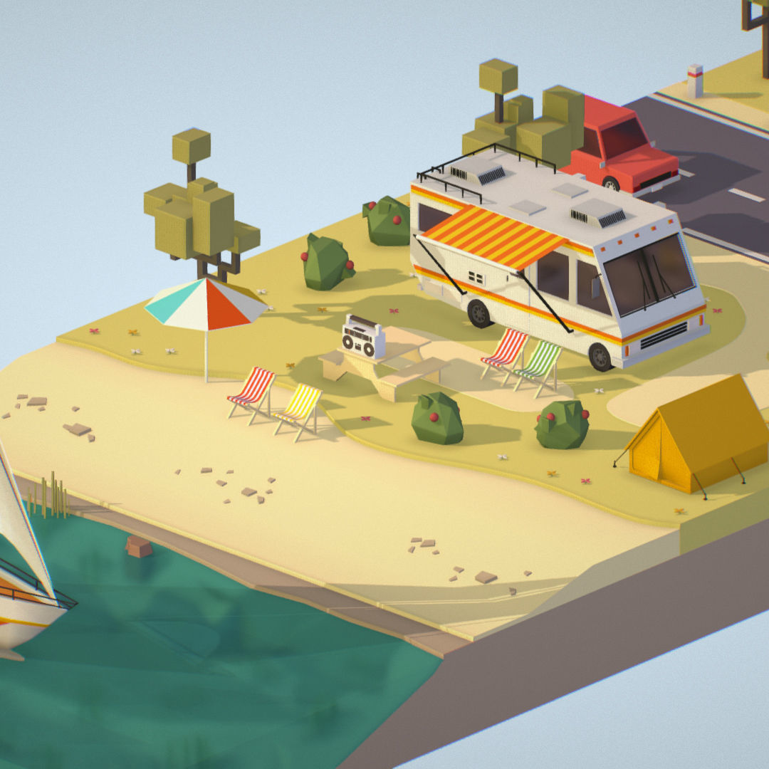 isometric camping scene on the river  Low-poly 3D model_14