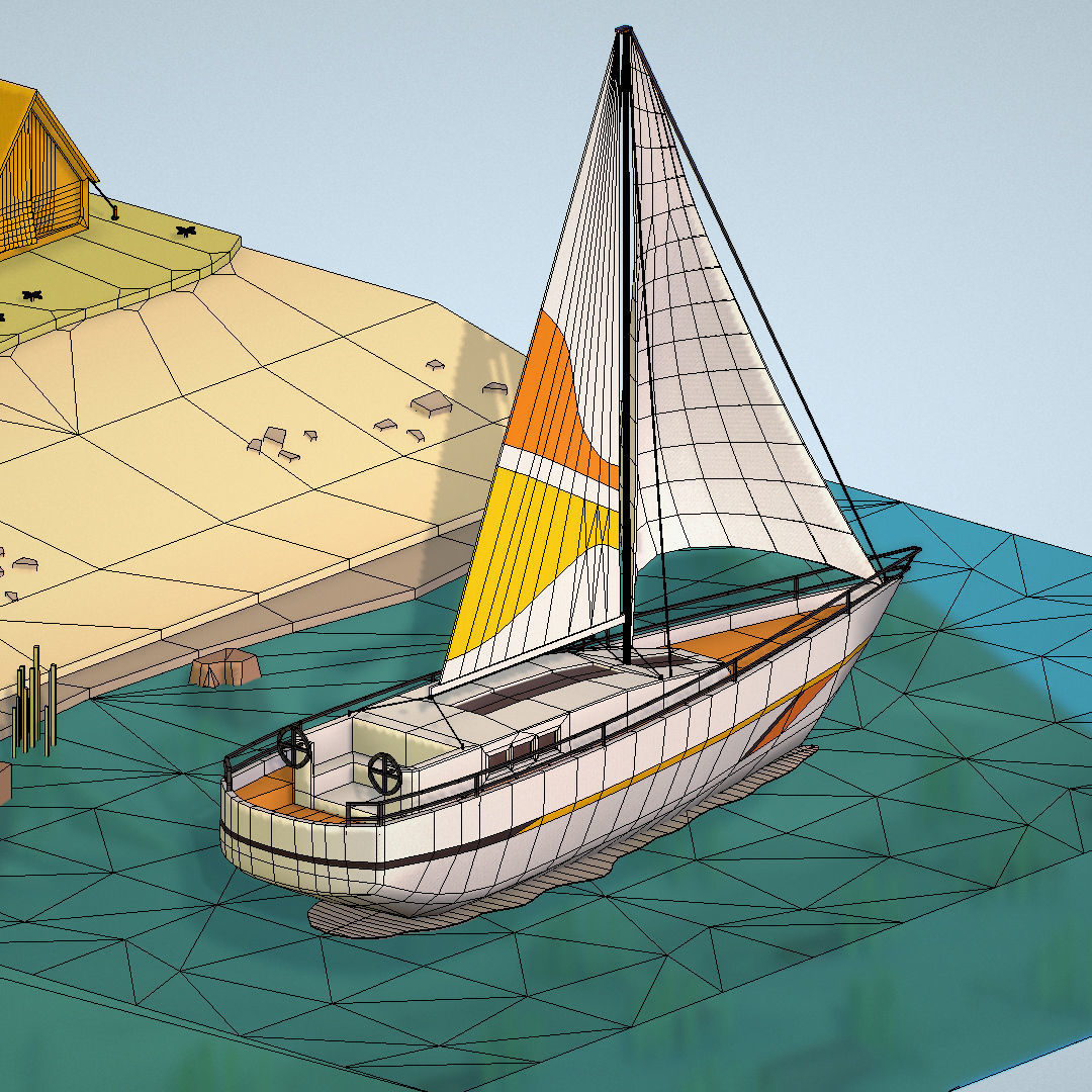 isometric camping scene on the river  Low-poly 3D model_38