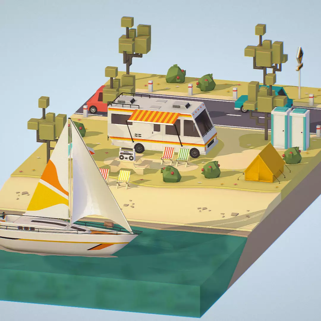 isometric camping scene on the river  Low-poly 3D model_0