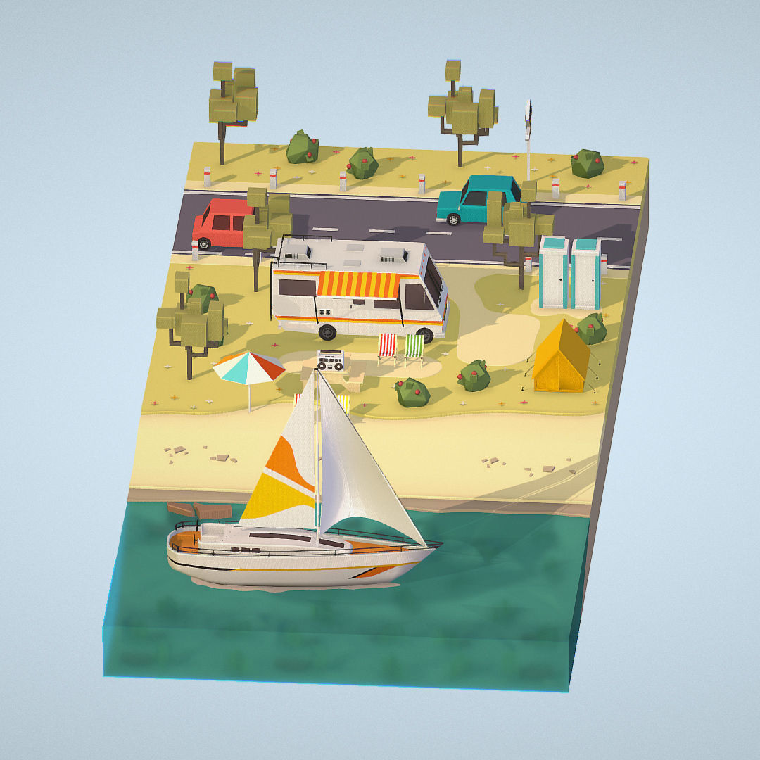 isometric camping scene on the river  Low-poly 3D model_5