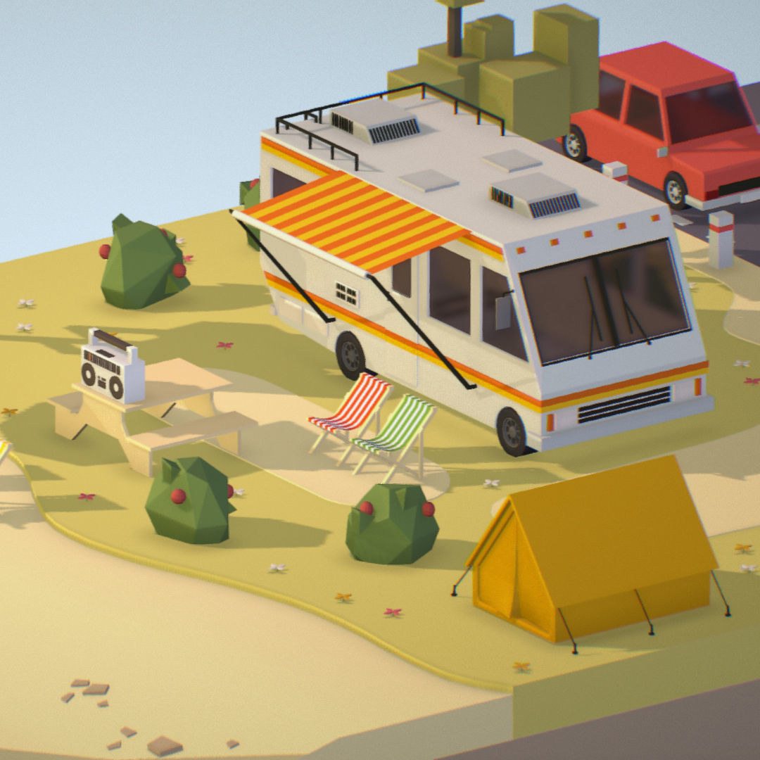 isometric camping scene on the river  Low-poly 3D model_20