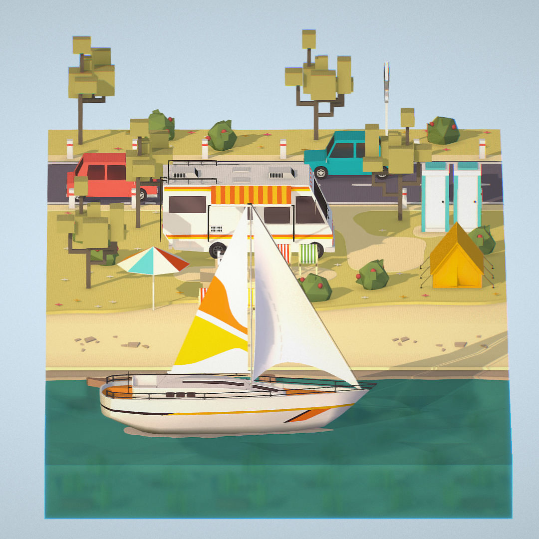 isometric camping scene on the river  Low-poly 3D model_30