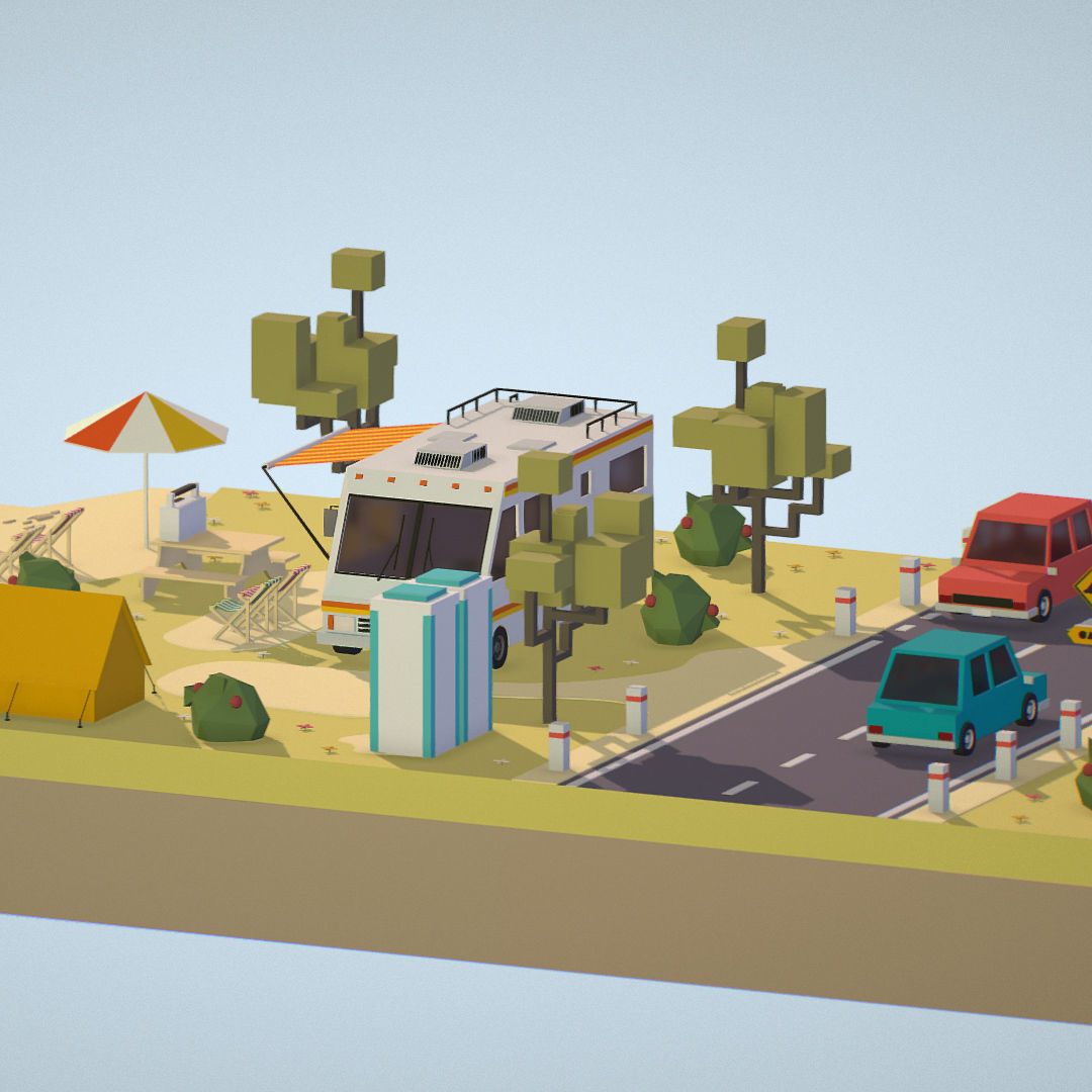 isometric camping scene on the river  Low-poly 3D model_12