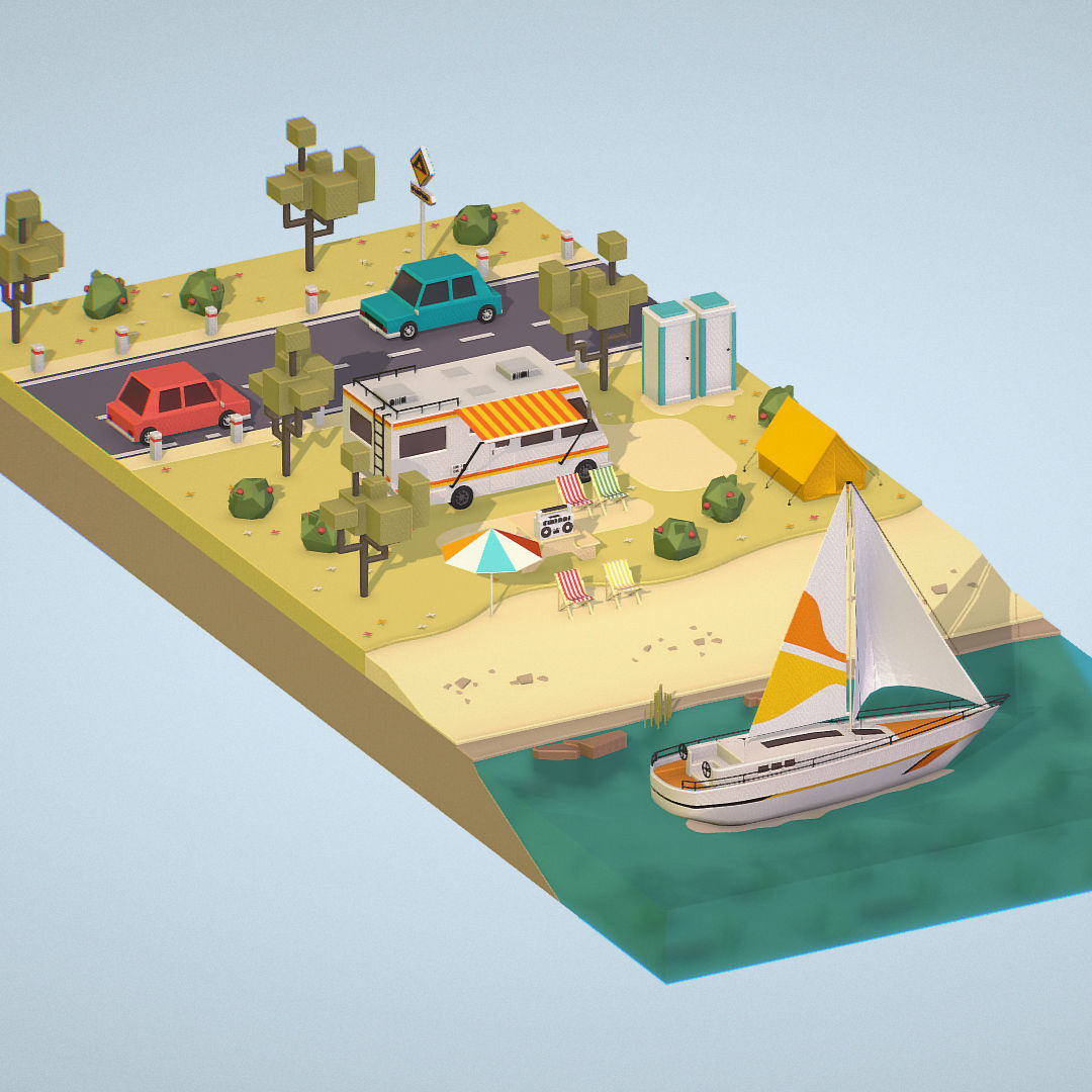 isometric camping scene on the river  Low-poly 3D model_3