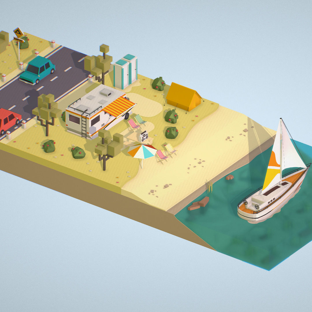 isometric camping scene on the river  Low-poly 3D model_4