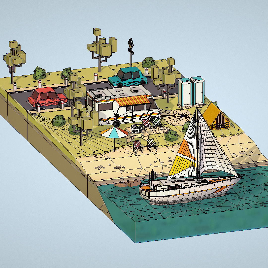 isometric camping scene on the river  Low-poly 3D model_35