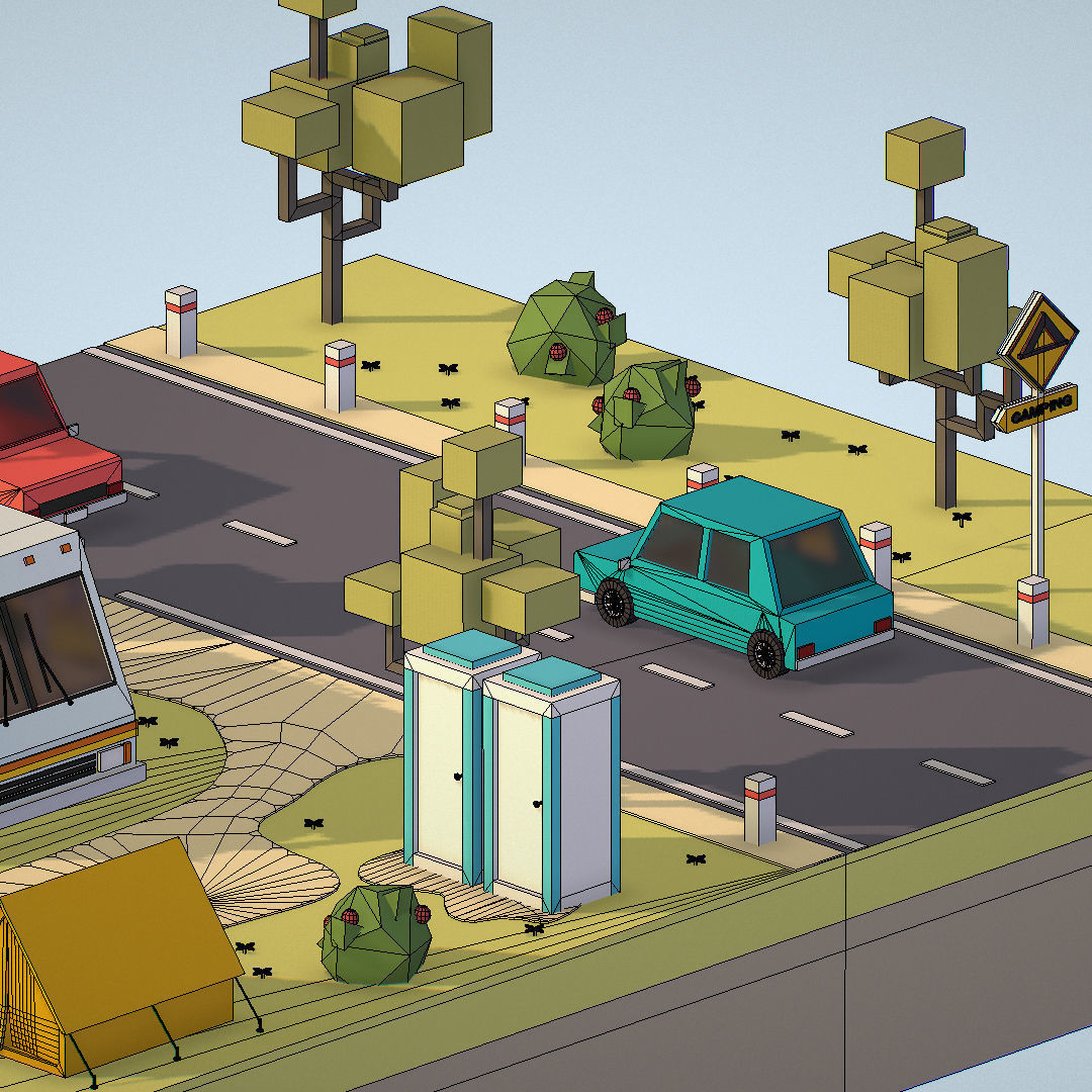 isometric camping scene on the river  Low-poly 3D model_40