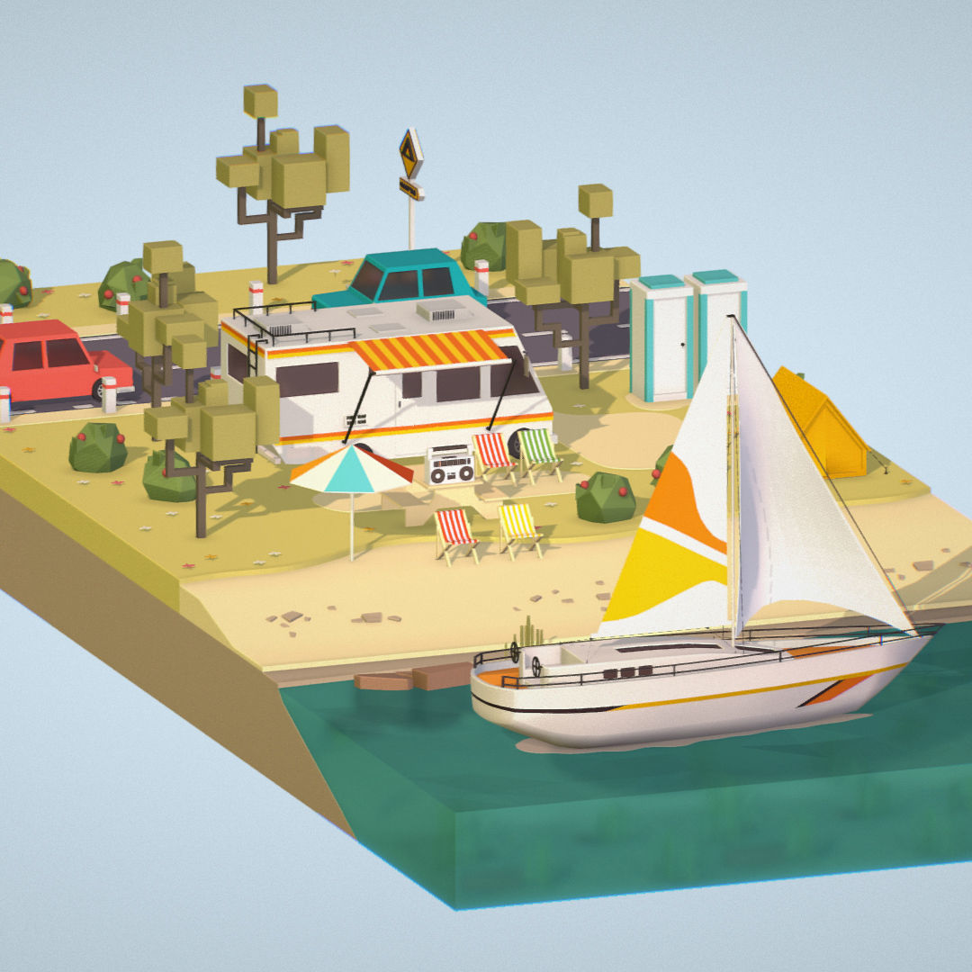 isometric camping scene on the river  Low-poly 3D model_31