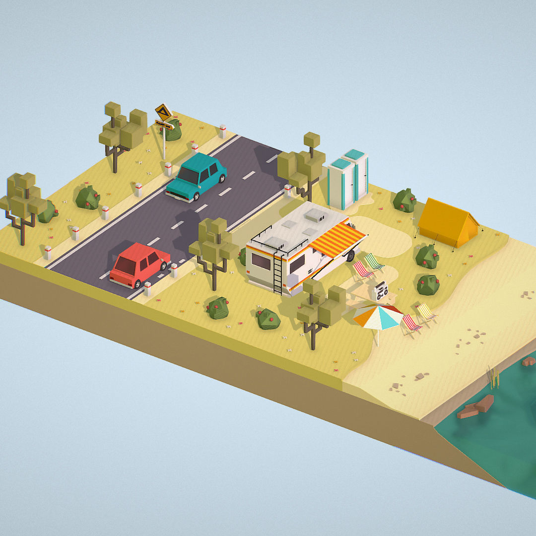 isometric camping scene on the river  Low-poly 3D model_6