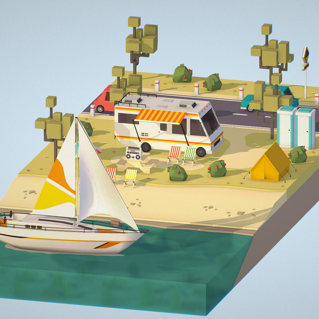 isometric camping scene on the river  Low-poly 3D model_29
