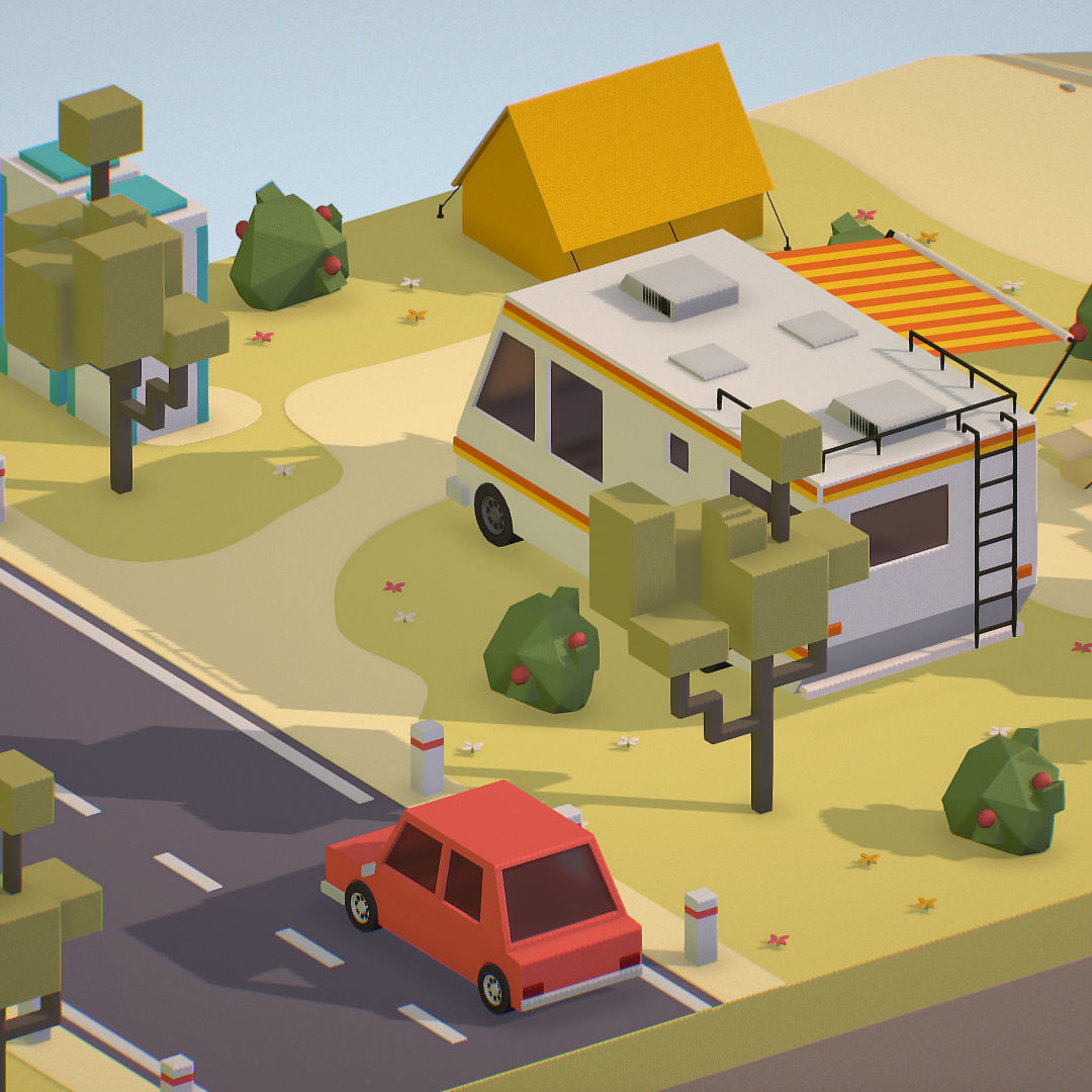 isometric camping scene on the river  Low-poly 3D model_25