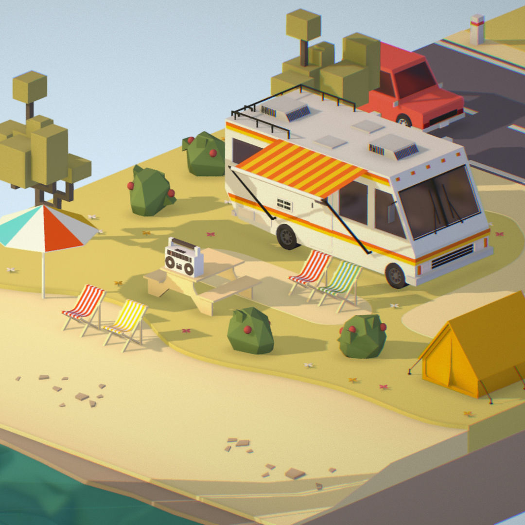 isometric camping scene on the river  Low-poly 3D model_15