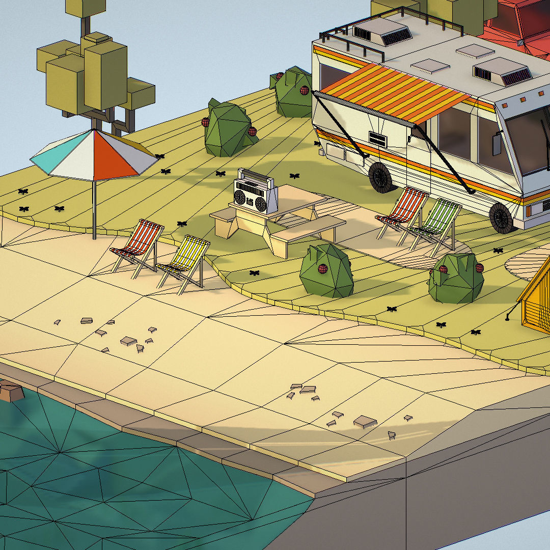 isometric camping scene on the river  Low-poly 3D model_39