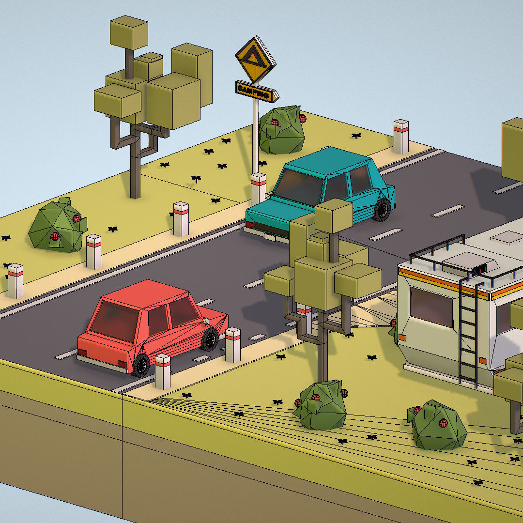 isometric camping scene on the river  Low-poly 3D model_34