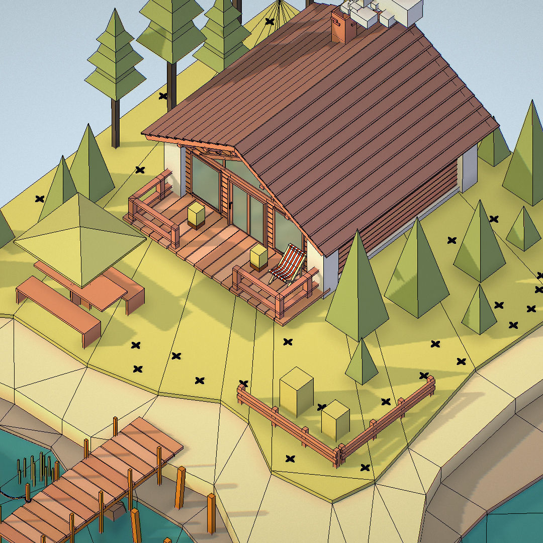 isometric old hunting lodge on the river Low-poly 3D model_48