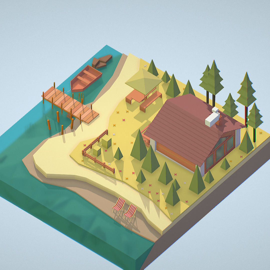 isometric old hunting lodge on the river Low-poly 3D model_9