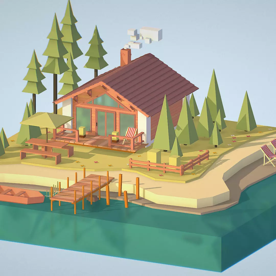 isometric old hunting lodge on the river Low-poly 3D model_0