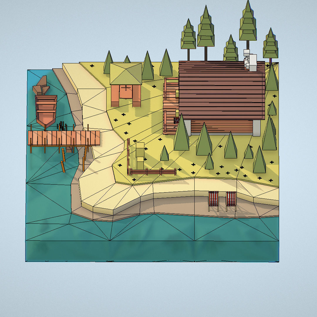 isometric old hunting lodge on the river Low-poly 3D model_39