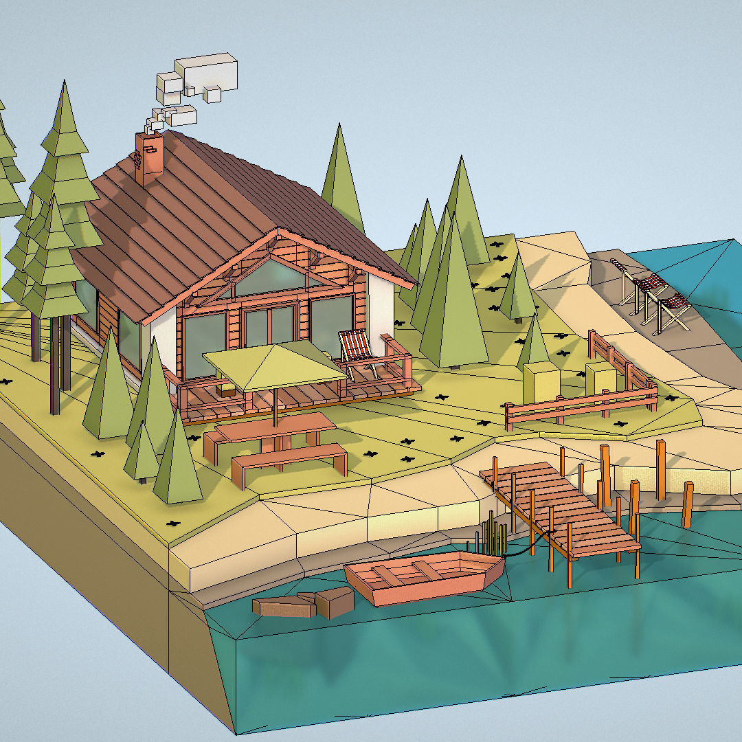 isometric old hunting lodge on the river Low-poly 3D model_45
