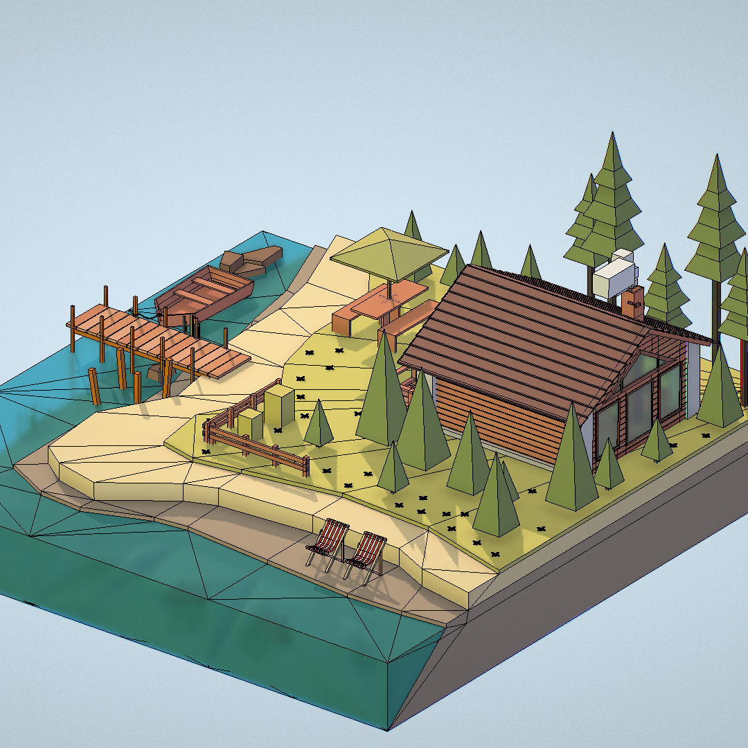 isometric old hunting lodge on the river Low-poly 3D model_42