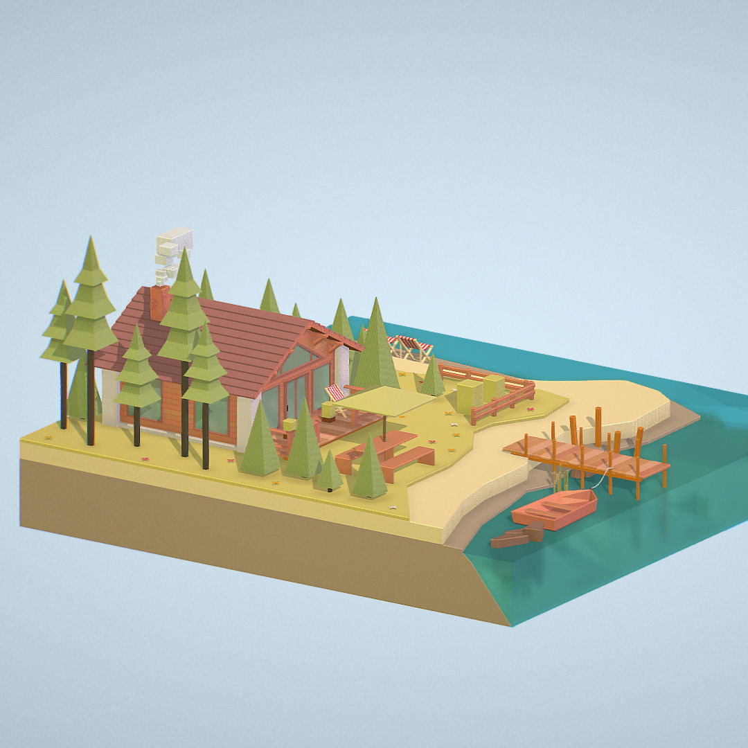 isometric old hunting lodge on the river Low-poly 3D model_4