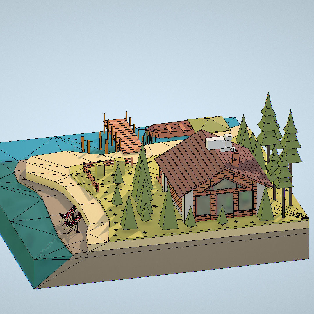isometric old hunting lodge on the river Low-poly 3D model_38