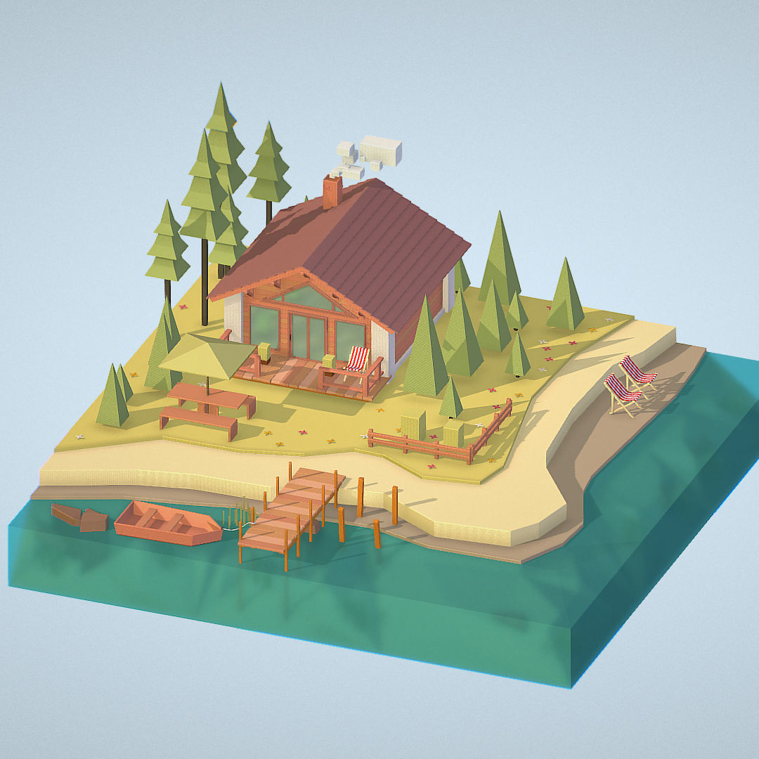 isometric old hunting lodge on the river Low-poly 3D model_15