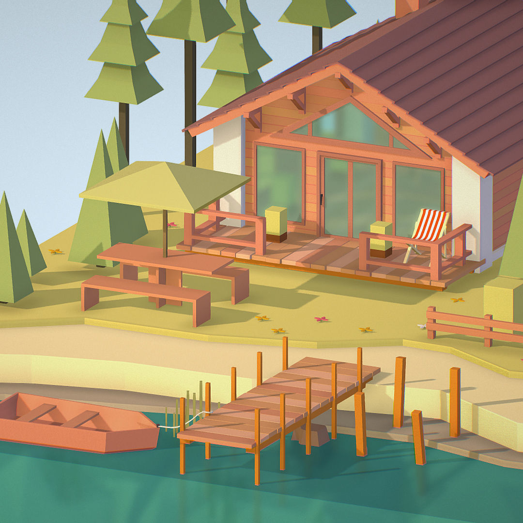 isometric old hunting lodge on the river Low-poly 3D model_19