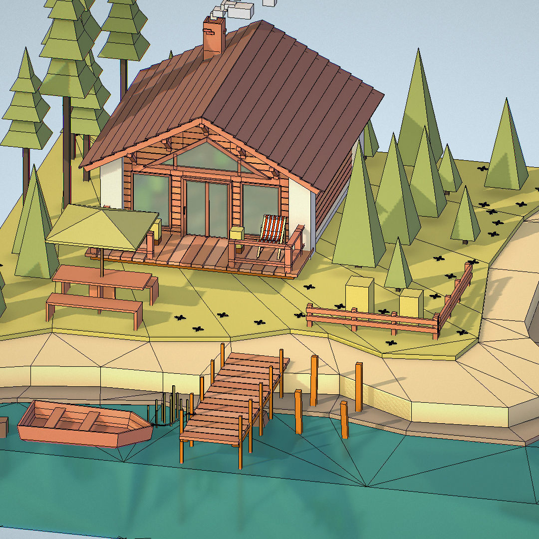isometric old hunting lodge on the river Low-poly 3D model_49