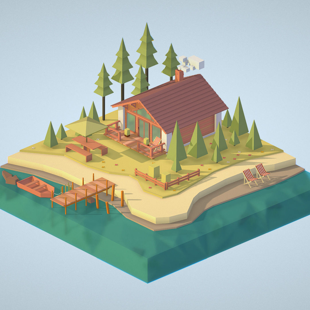 isometric old hunting lodge on the river Low-poly 3D model_3
