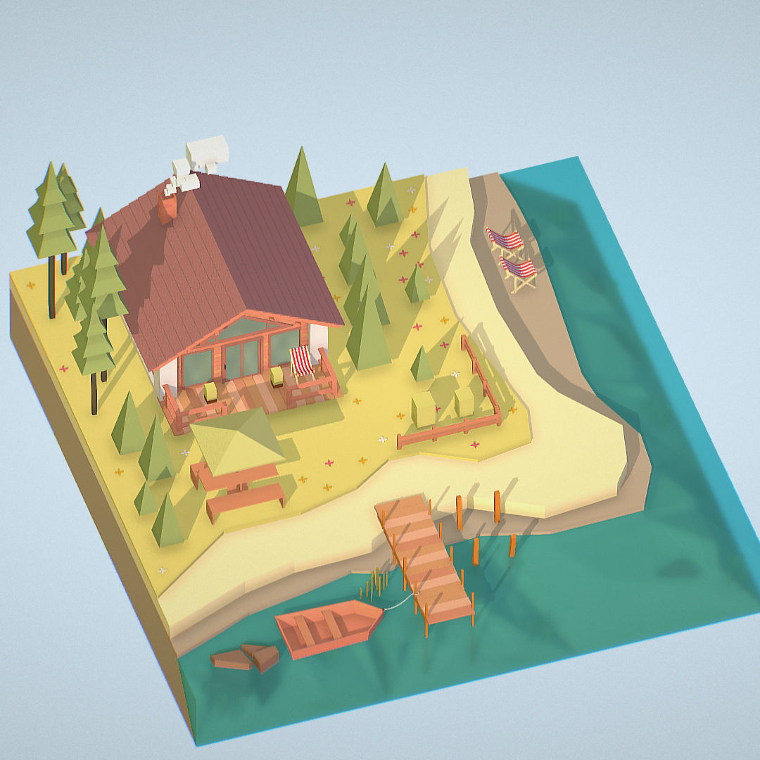 isometric old hunting lodge on the river Low-poly 3D model_6