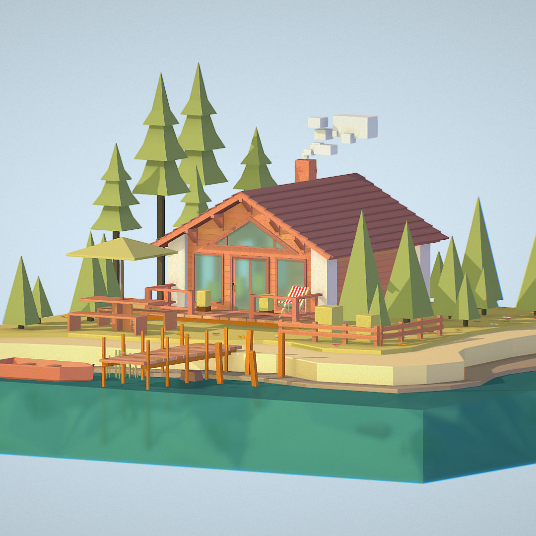 isometric old hunting lodge on the river Low-poly 3D model_27