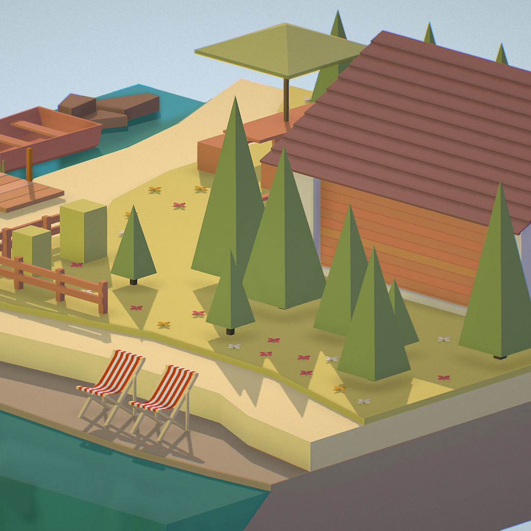 isometric old hunting lodge on the river Low-poly 3D model_23