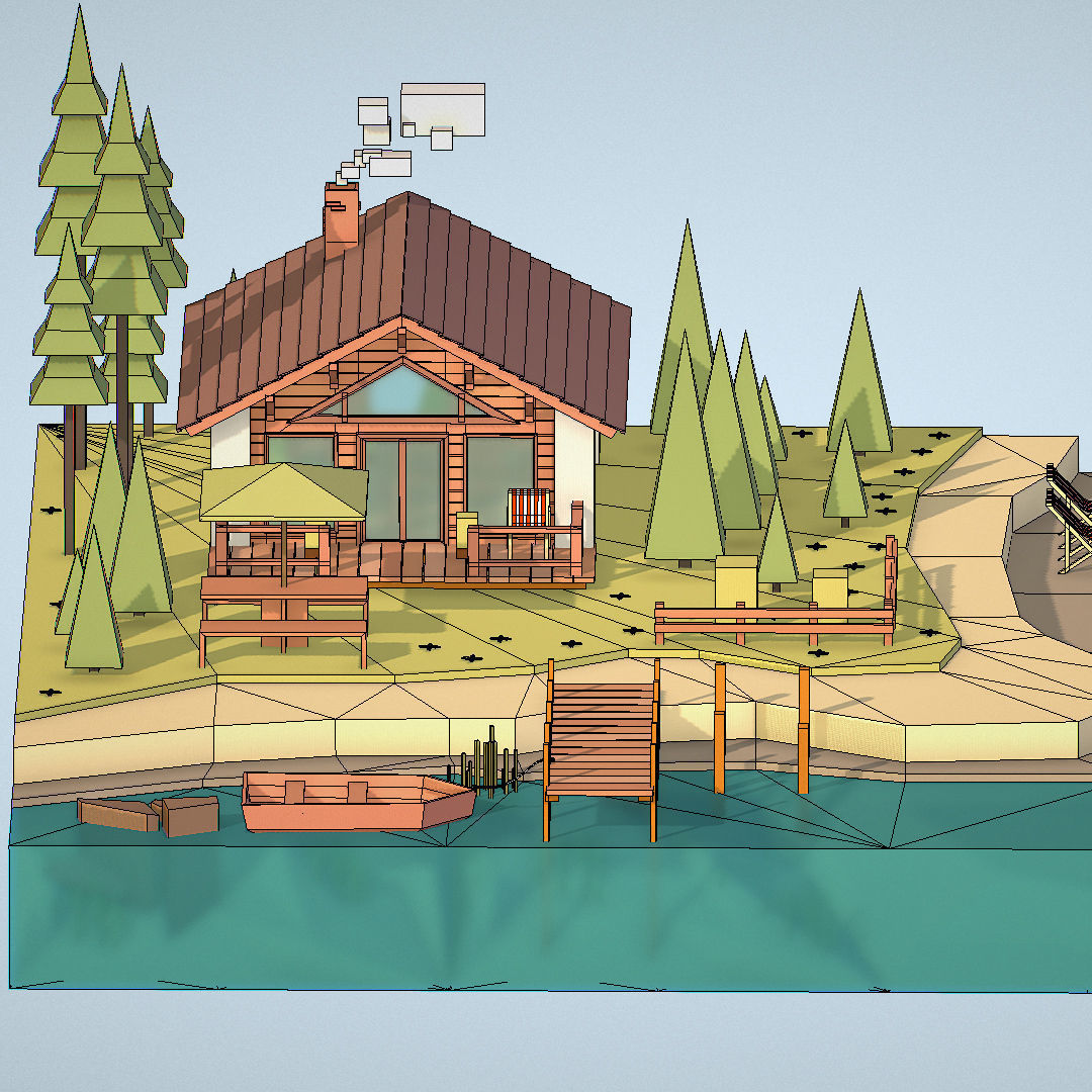 isometric old hunting lodge on the river Low-poly 3D model_46