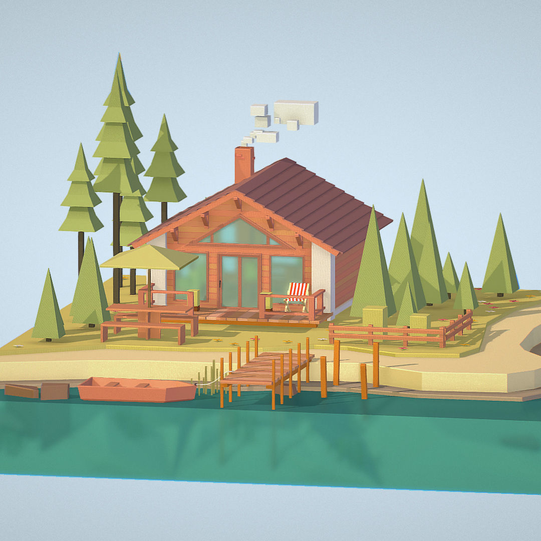 isometric old hunting lodge on the river Low-poly 3D model_28